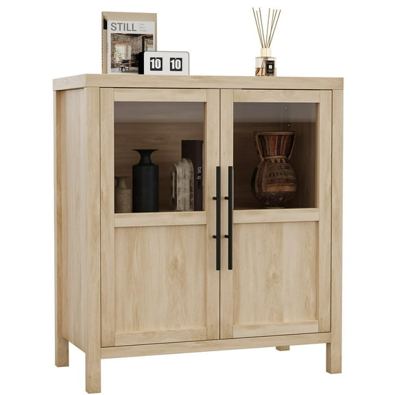 EcoSummer Sideboard Buffet Cabinet with 2 Glass Doors, 29" Buffet Table Coffee Bar Wine Bar Display Cabinet for Kitchen Dining Room, Living Room (Natrual, Glass with 2 Doors)