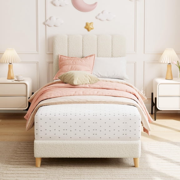 EcoSummer Twin Bed Frame, Boucle Upholstered Platform Bed with Wave Headboard, Easy Assembly, Wooden Slats, No Box Spring Needed, Beige