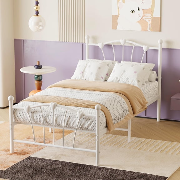 EcoSummer Twin Size Heart Shaped Metal Bed Frame with Headboard & Footboard, Platform Bed with Sturdy Slat Support & Underbed Storage, No Box Spring Needed, White