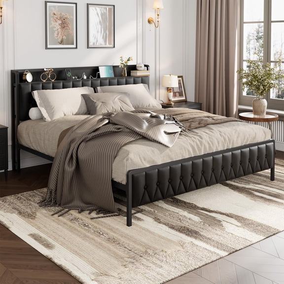 EcoSummer Upholstered Platform Bed Frame with Charging Station, 12" Underbed Storage, Tool-Free Assembly