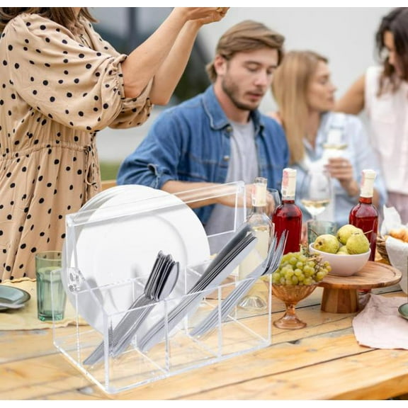 EcoSummer Utensil Caddy with Handle, Plastic Silverware Organizer and Flatware Holder, Paper Plate Dispenser for Kitchen Countertop, Parties, Outdoor Picnic