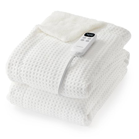 EcoSummer Waffle Heated King Blanket, 90" x 100" – Machine Washable Electric Blanket with Fast Heating, LCD Controller, 6 Heat Levels & 1–4H Timer, ETL Certified Heating King for Couch, White