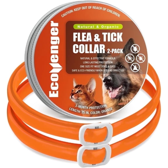 EcoVenger Flea & Tick Collar Repellent 2 Pack Orange, Fits Both Dogs & Cats Built-in Plant-Based Formula, Strong Repellency Slow Release, Lasting Deterrence and Protection, Pleasant Aroma, Waterproof