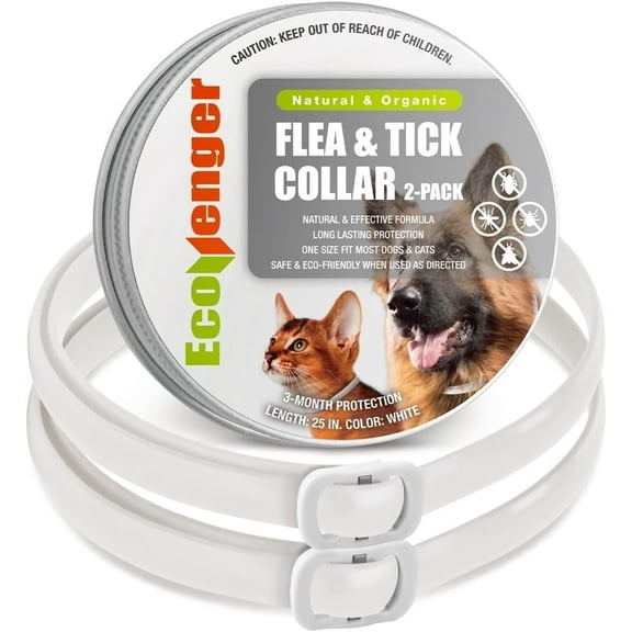 EcoVenger Flea & Tick Collar Repellent 2 Pack White, Fits Both Dogs & Cats Built-in Plant-Based Formula, Strong Repellency Slow Release, Lasting Deterrence and Protection, Pleasant Aroma, Waterproof