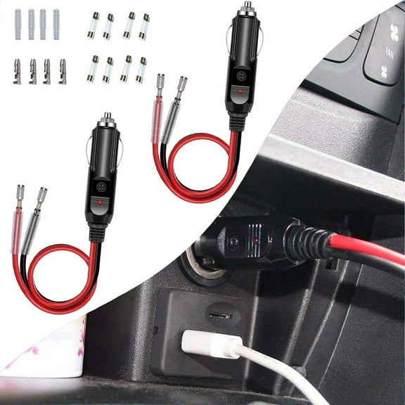 EcoVerve 2PC 12V Fused Replacement Cigarettelighter Male Plug With LED Light &1FT 16AWG Extension Cable With 15A
