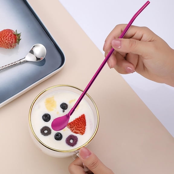 EcoVerve 304 stainless steel straw spoon integrated dual purpose fruit milk tea beverage long handle spoon metal stirring spoon