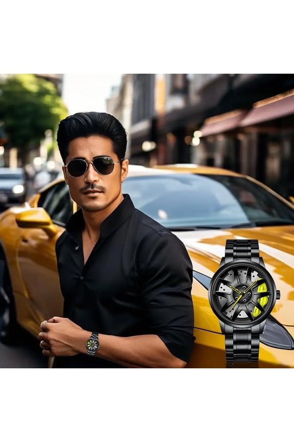 Men's Sporty Analog Quartz Timepiece With Hollow 3D Wheel Design Stainless Steel Car Rim Style Wrist Accessory For Him