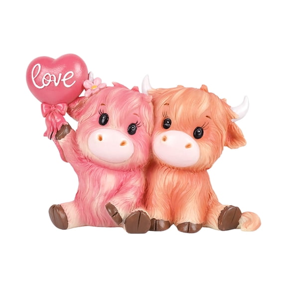 EcoVerve Pink Highland Cow Valentine's Day Figurine - 2 Pack Cute Resin Sculpture Desktop Ornament for Home Decor, Romantic Love Token Gift for Couples Anniversary