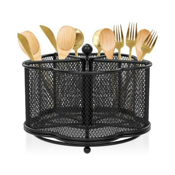 EcoVerve Rotating Metal Utensil Caddy 5 Compartment Silverware Cutlery Holder Rotation Fork Spoon Napkin Organizer Flatware Storage Party Countertop Buffet Picnic Camping Outdoor