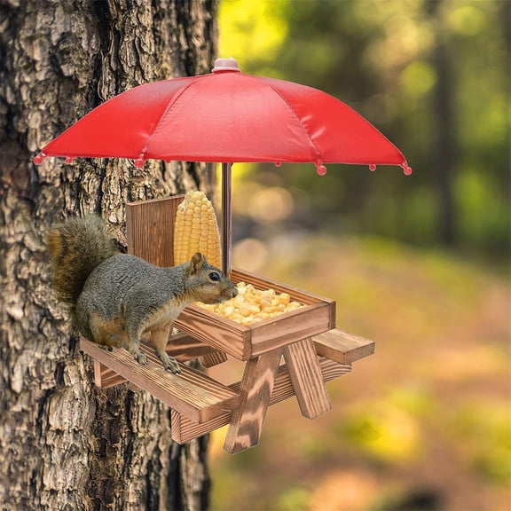 EcoVerve Squirrel Feeder Table With Umbrella And Corn Cob Holder Nice Item For Squirrel Lovers Outdoor Garden Decorations For Animal Bird Animal Seat