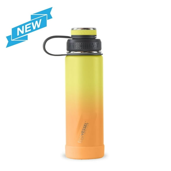 EcoVessel Boulder TriMax Insulated Stainless Steel Water Bottle with Reflecta Insulated Dual Lid, Strainer and Silicone Bottle Bumper – 20 oz (Ombre Summer Sun)