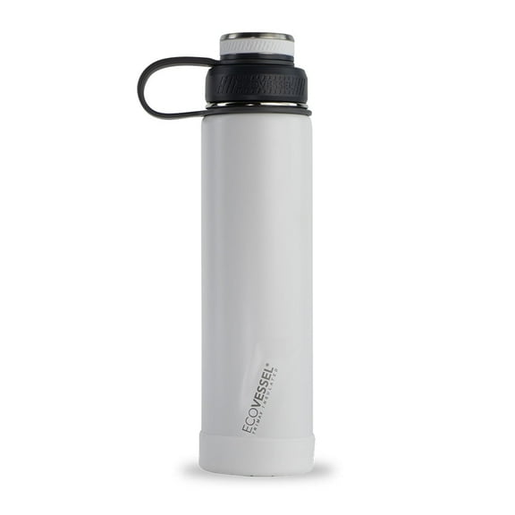 EcoVessel Boulder TriMax Insulated Stainless Steel Water Bottle with Reflecta Insulated Dual Lid, Strainer and Silicone Bottle Bumper - 24oz ( Whiteout)