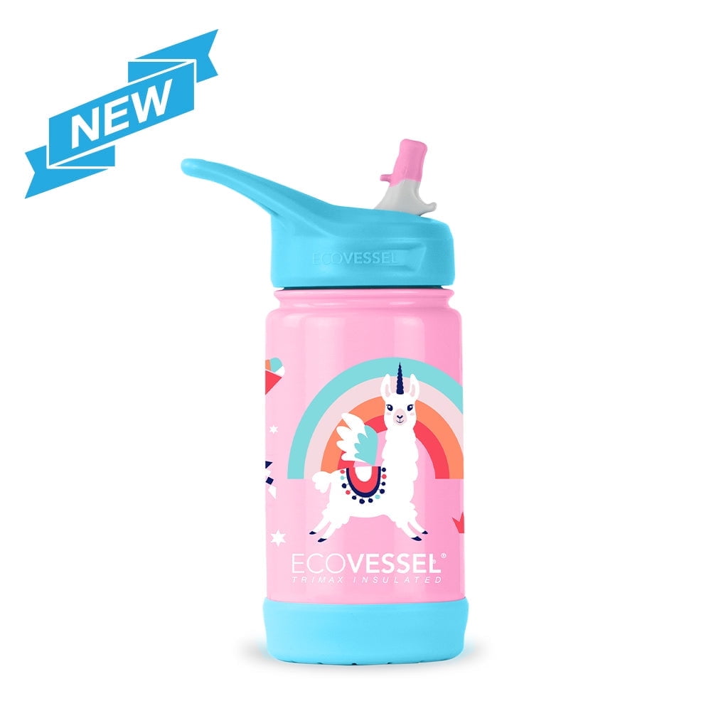 EcoVessel FROST Trimax Stainless Steel Insulated Kids Water Bottle w/Carrying Handle, Flip Straw Lid, and Silicone Bottle Bumper 12oz (Llama)