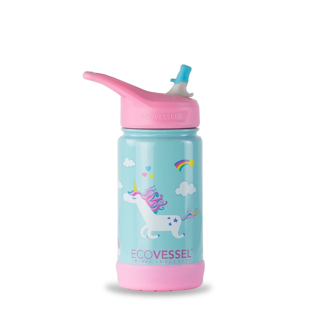EcoVessel FROST Trimax Stainless Steel Insulated Kids Water Bottle w/Carrying Handle, Flip Straw Lid, and Silicone Bottle Bumper 12oz (Unicorn)