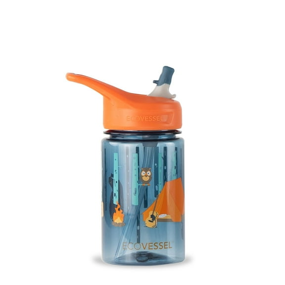 EcoVessel SPLASH Tritan Plastic Kids Water Bottle with Flip Straw, Leak Proof Lid, and Carry Handle 12 oz (Camping)