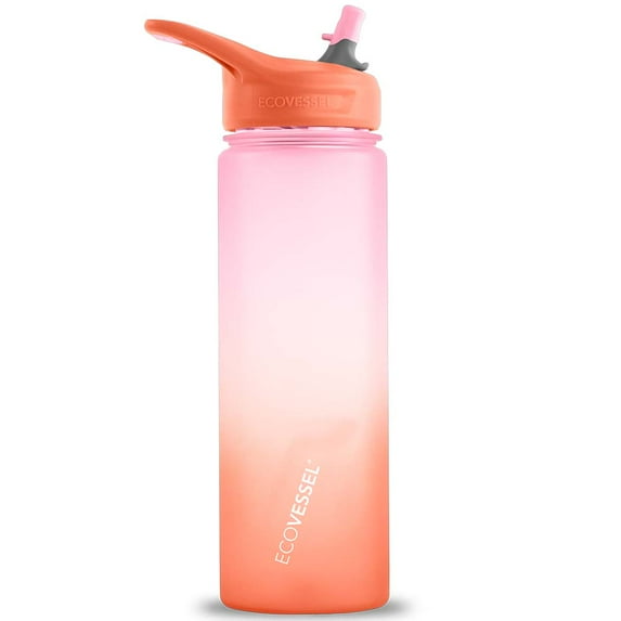 EcoVessel WAVE Tritan Plastic Sports Water Bottle with Flip Straw, Leak Proof Lid, and Carry Handle 24 oz (Ombre Coral Sands)