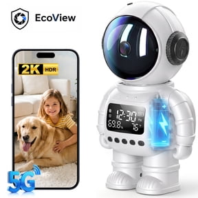 EcoView 3-in-1 Smart Astronaut Clock Camera, 2K Indoor Security Camera with Temperature & Humidity Monitor, Dual-Band 2.4GHz/5GHz WiFi, Night Vision, Motion Detection, Pet & Baby Monitor