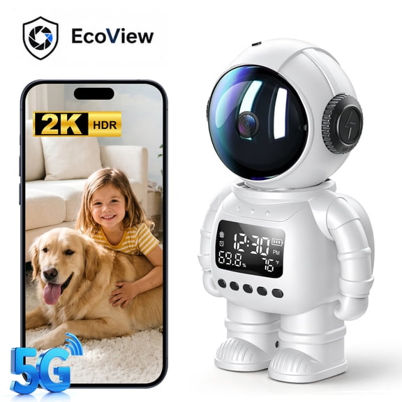 EcoView 3-in-1 Smart Astronaut Clock Camera, 2K Indoor Security Camera with Temperature & Humidity Monitor, Dual-Band 2.4GHz/5GHz WiFi, Night Vision, Motion Detection, Pet & Baby Monitor