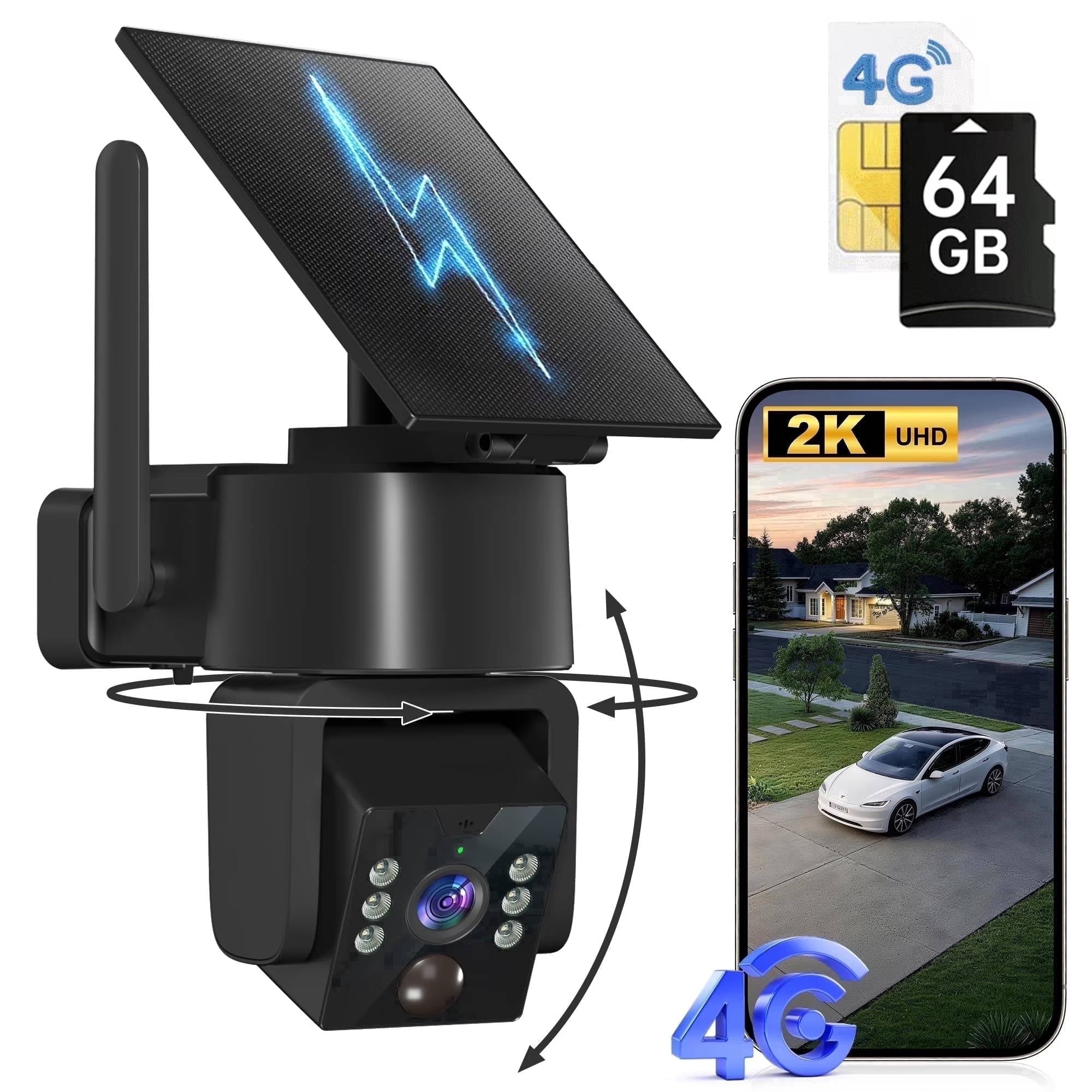 EcoView 4G LTE Solar Security Camera, No WiFi Needed, 2K UHD PTZ Outdoor Camera, Built-in SIM Card, Color Night Vision, 2-Way Audio, IP66 Waterproof