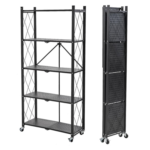 EcoZanthic 5 Tier Foldable Storage Shelves with Wheels, Large Capacity Shelving Unit,Black