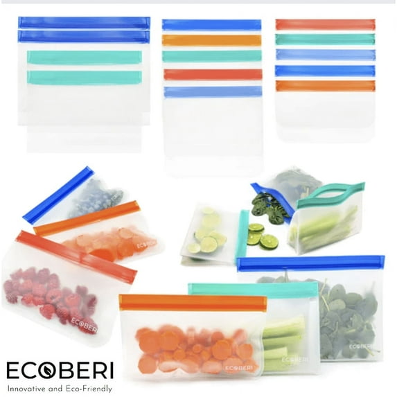 Ecoberi 14 Pack Reusable Food Storage Bags, Airtight, Lunch, Snacks, Travel
