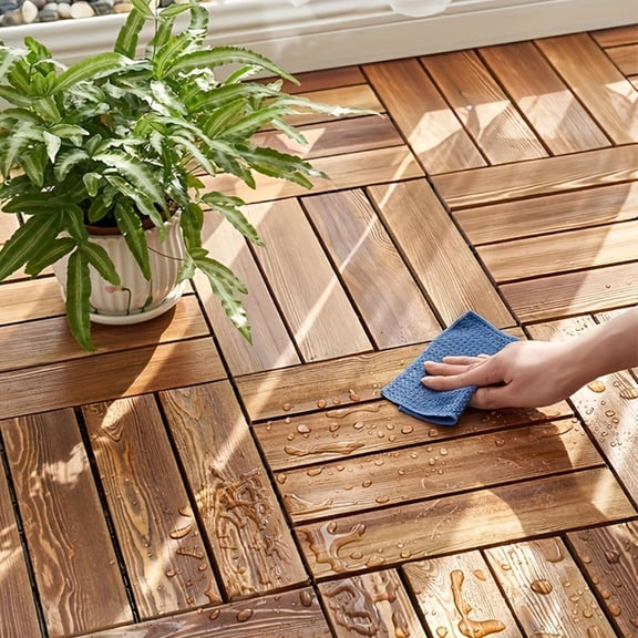 Ecoboom 27PCS Interlocking Patio Deck Tiles - 11.81’’x11.81’’Pine Wood Floor Tiles Outdoor Flooring for Outdoor & Indoor Patio Garden Deck Poolside - Natural Color