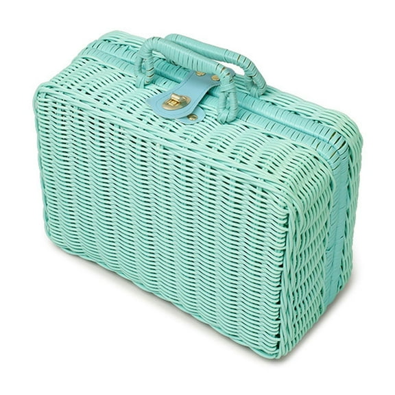 Ecodecor Cosmetic Storage Organizer Box, Woven Rattan Makeup Vanity Case with Handles, Portable Travel Toiletry Basket for Bathroom Countertop, 1-Pack Blue Tanuke