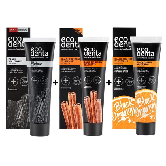 Ecodenta Black Whitening Toothpaste Set: Activated Carbon (Orange), Cinnamon (Black), Fluoride-Free, 3x100ml