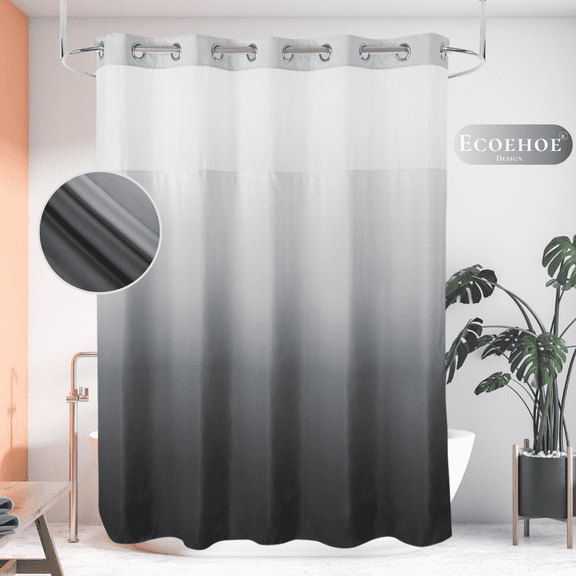 Ecoehoe 71" W x 79“ L Hook Free Fabric Shower Curtain with Polyester Snap-in Liner with Magnets–Hotel Quality Top See Through Gradient Grey