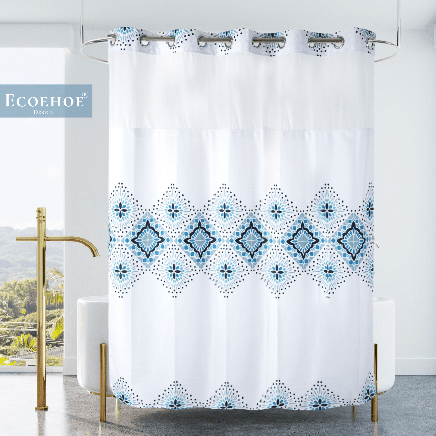 "Ecoehoe 71""x74"" Hotel Grade Shower Curtain, Hook Free, Waterproof, Boho Style, Washable