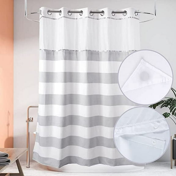 Ecoehoe 71"W x74"H Stripe Fabric Hook Free Shower Curtain with Polyester Magnet Snap-in Liner-Top See Through with Mesh Window
