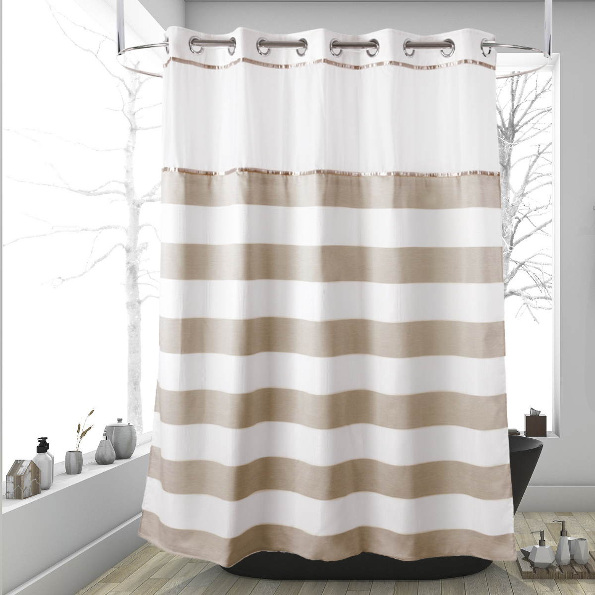 Hookless White/Brown Polyester Shower Curtain