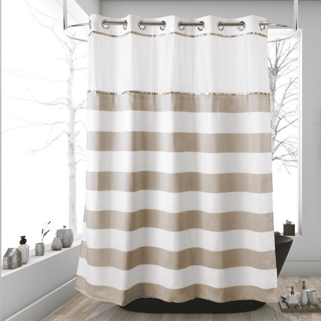 Ecoehoe 71“W x79”H Stripe Fabric Hook Free Shower Curtain with Polyester Snapin Liner