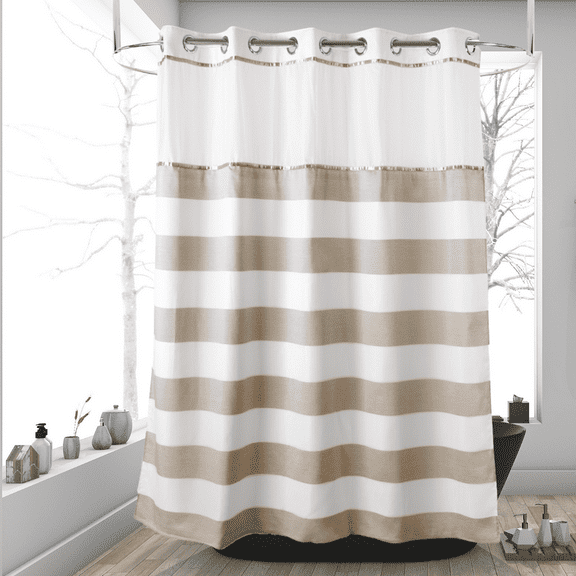 Ecoehoe 71“W x79”H Stripe Fabric Hook Free Shower Curtain with Polyester Magnet Snap-in Liner–Top See Through with Mesh Window Light Beige&White