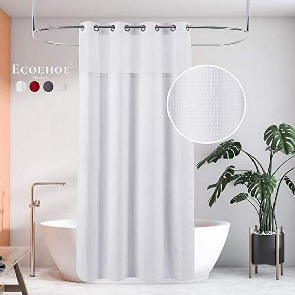 Ecoehoe Hotel Grade Waffle Fabric Hook Free Shower Curtain with Removable Polyester Magnets Liner - Top See Through 71" W x 79" H White