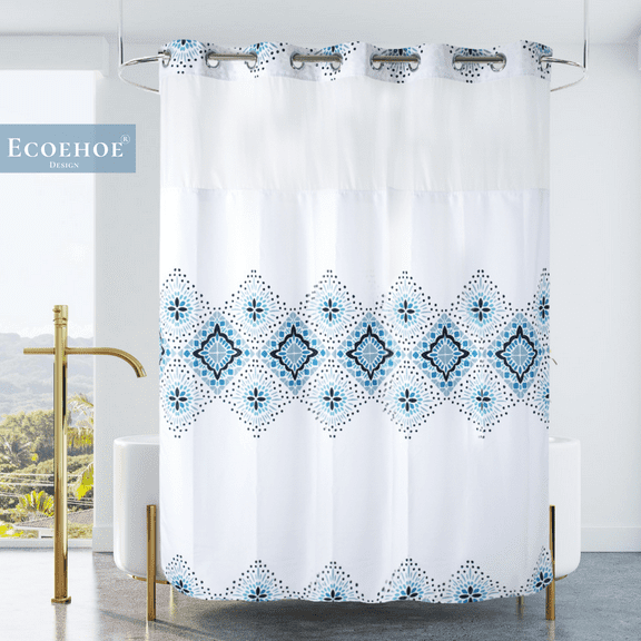 Ecoehoe Long 71x79 Hotel Grade Fabric Hook Free Shower Curtain with Polyester Replacement Liner White&Blue Boho Style –100% Waterproof Machine Washable Top See Through Mesh Window
