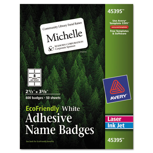 Ecofriendly Adhesive Name Badge Labels, 3.38 X 2.33, White, 400/box | Bundle of 2 Boxes