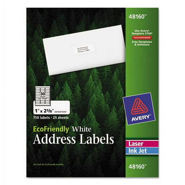 EcoFriendly Mailing Labels, Inkjet/Laser Printers, 1 x 2.63, White, 30/Sheet, 100 Sheets/Pack