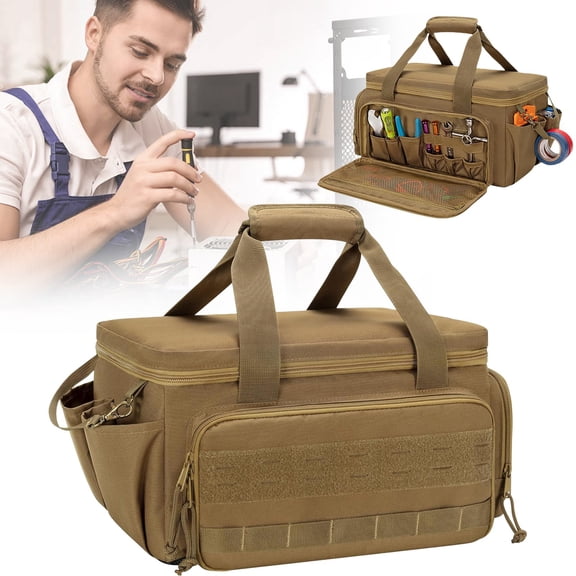 Ecohintz Heavy Duty 14-Inch Tool Bag with Shoulder Strap - Wide Mouth Utility Organizer for Electrician & Plumber - Large Capacity with Ergonomic Handle - Durable & Portable, Utility Organizer, Khaki