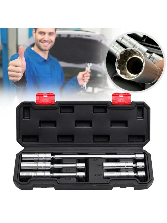Magnetic Universal Spark Plug Socket Set (5-Piece) - Drive Swivel Socket Kit with Extension Bars & Gapper - Sizes: 5/8", 9/16", 15mm Cr-V - Automotive Repair Essential, Swivel Socket Kit