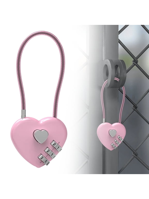 Small Heart-Shaped Combination Lock - Cable Padlock for Luggage, Suitcase, Gym Locker & Backpack - Portable for Travel, Outdoor & Fence Gate - Resettable Code, Luggage Padlock, Pink