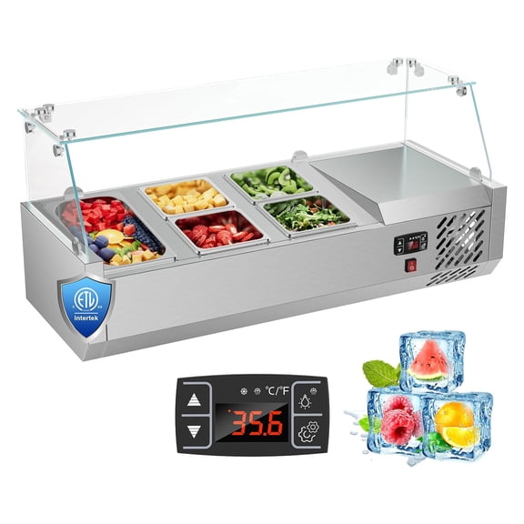 Ecojoy 40 inch Sandwich & Salad & Pizza Bar Refrigerator Countertop,304 Stainless Steel Food Prep Table Station Fridge,Commercial Condiment Cooler with 1/3 Pan*1 & 1/6 Pan*4,Glass Guard