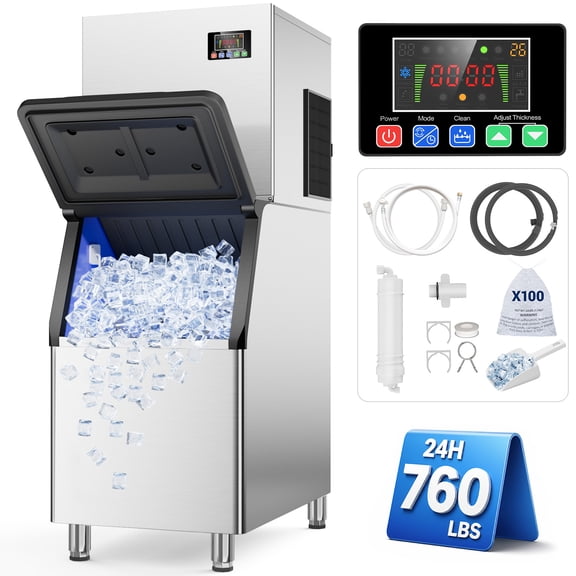 Ecojoy 760 lbs/24H Commercial Ice Maker Machine with 560 lbs Storage Bin, ETL-Certified Industrial Ice Machine, Self-Cleaning, 10–15-Minute Ice Cycles for Restaurants, Bars & Cafes