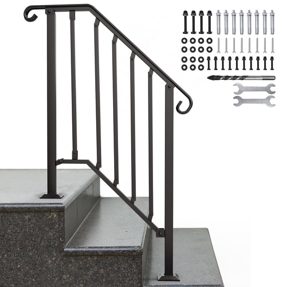 Ecojoy Black Retro Arch Outdoor Stair Handrail Kit - Fits 2-3 Steps, 220 lbs Load Capacity for Concrete, Porch & Deck