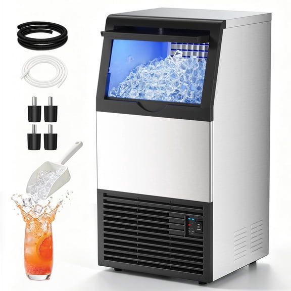 Ecojoy Commercial Under Counter Ice Maker, 100lbs/24H Ice Output, 33lbs Insulated Storage, Stainless Steel Built-in Freestanding Ice Machine with Self-Cleaning for Home Bar