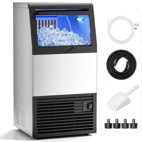 Ecojoy Commercial Under Counter Ice Maker, 100lbs/24H Output, 33lbs Insulated Ice Storage, Stainless Steel Built-in Freestanding Ice Machine with Self-Cleaning for Home Bar, Kitchen, Cafe