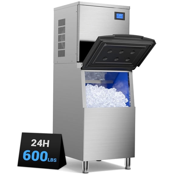 Ecojoy Commercial Ice Machine 600LBS/24H, 560LBS Storage, Self-Cleaning, 5-15 Min Ice Ready, 304 Stainless Steel