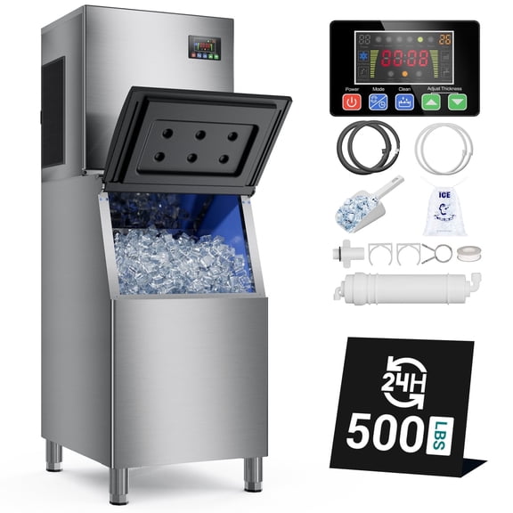 Ecojoy Commercial Ice Maker Machine 500LBS/24H, 30 Adjustable Ice Thicknesses with 350lbs Storage Bin, 5-15 Minutes Fast Ice Making