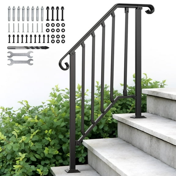 Ecojoy Handrail for Stairs Fits 2 or 3 Steps Outdoor Stair Railing Picket Black Wrought Iron Handrail