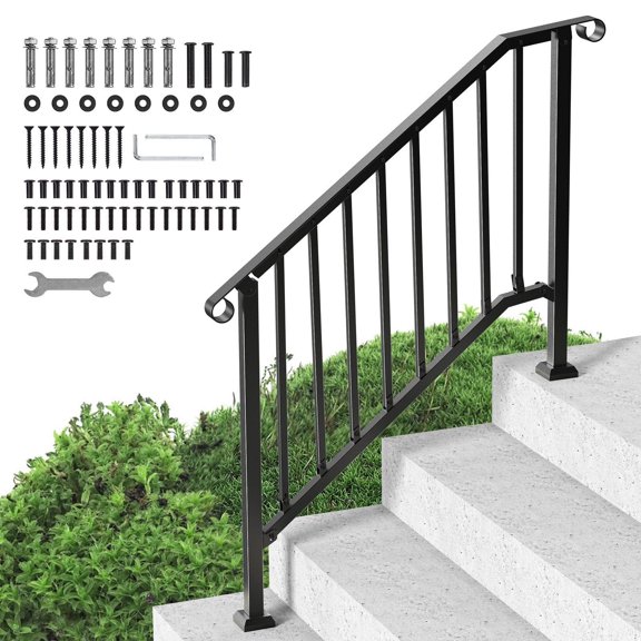 HALLOHII Outdoor 3-Step Iron Handrails Curved Design Matte Black ...